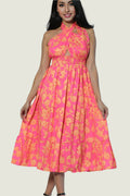 Pink Floral Neck Wrap Midi Dress