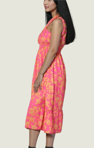 Pink Floral Neck Wrap Midi Dress