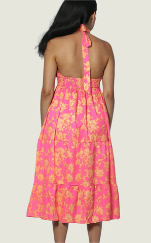 Pink Floral Neck Wrap Midi Dress