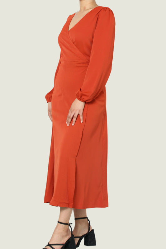 Elegant Rust Red Wrap Dress – Long Sleeve V-Neck with Waist Tie