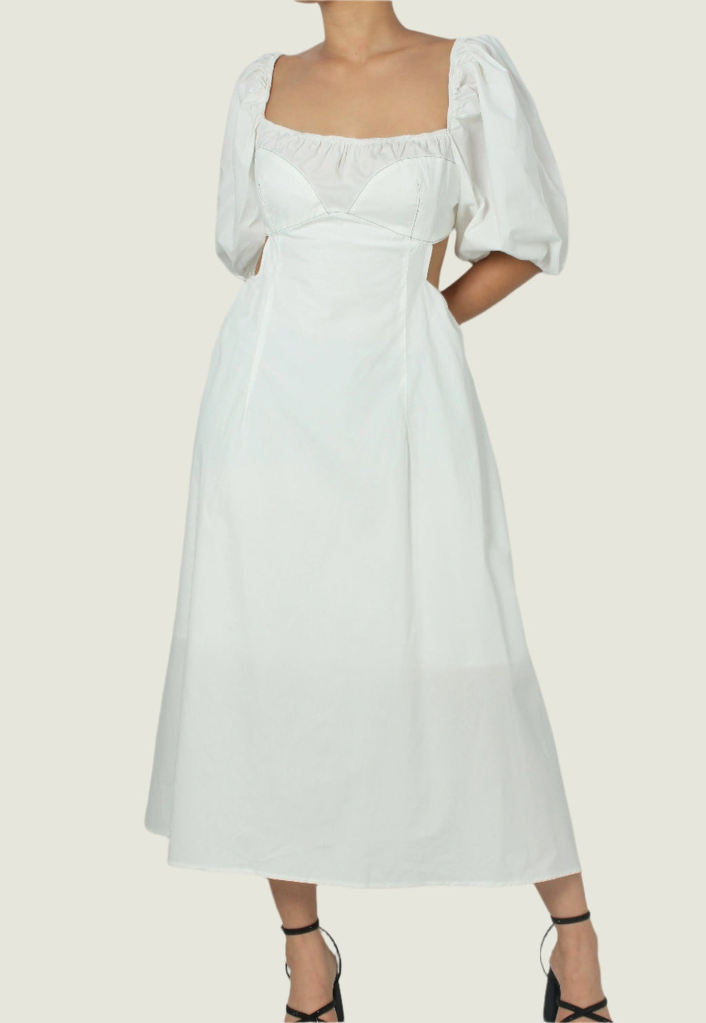 Elegant Puff Sleeve Midi Dress – Chic Cutout Details