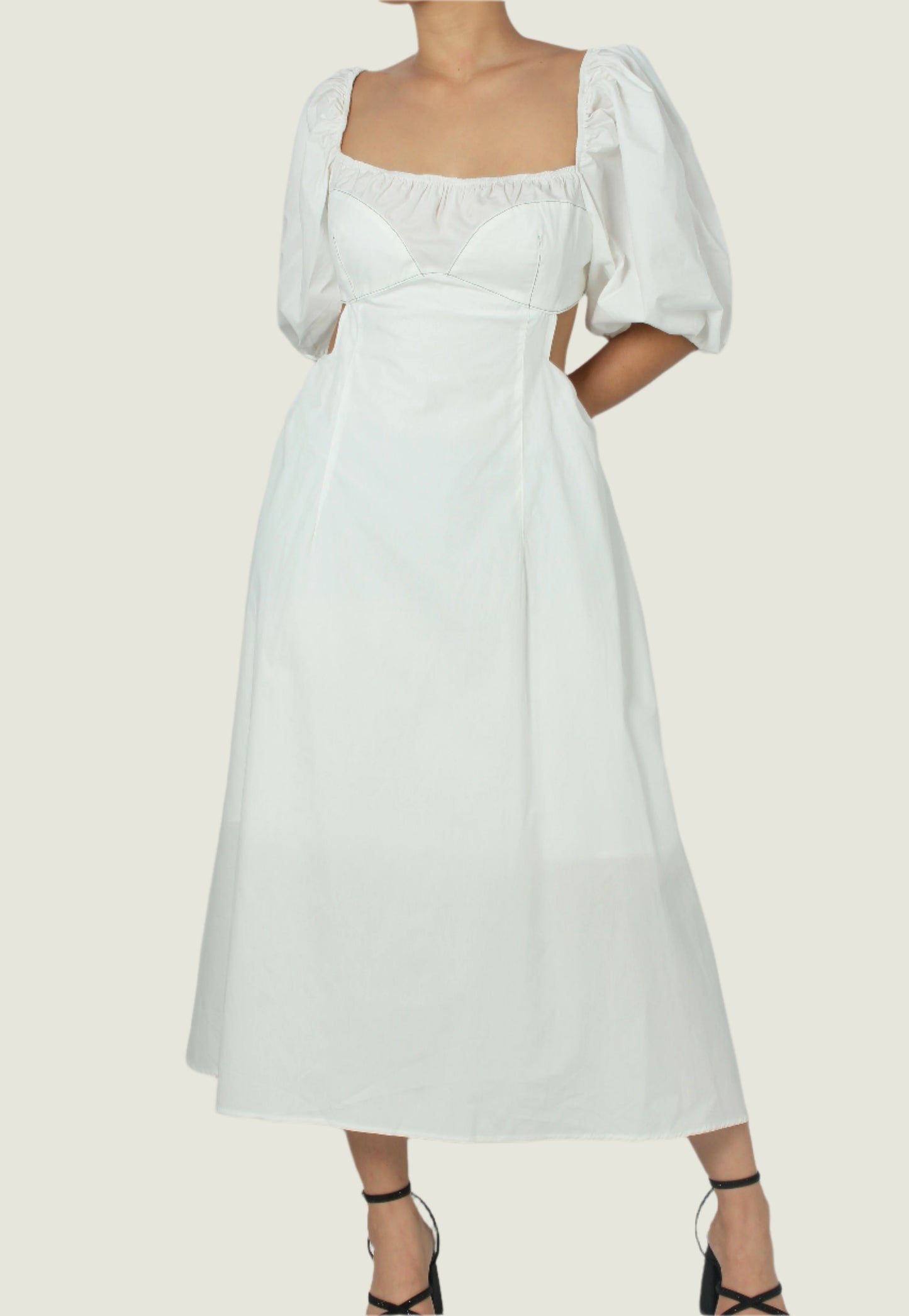 Elegant Puff Sleeve Midi Dress – Chic Cutout Details