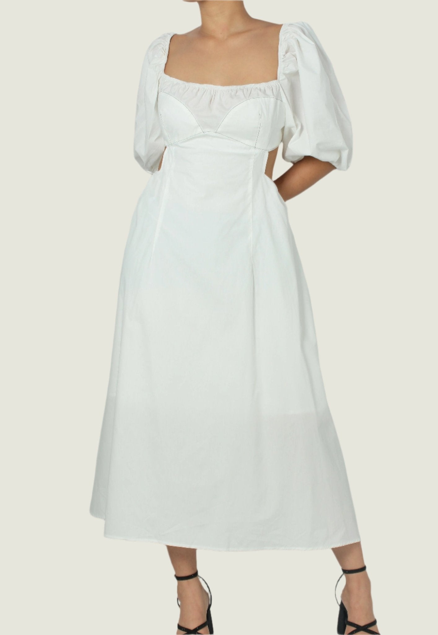 Elegant Puff Sleeve Midi Dress – Chic Cutout Details