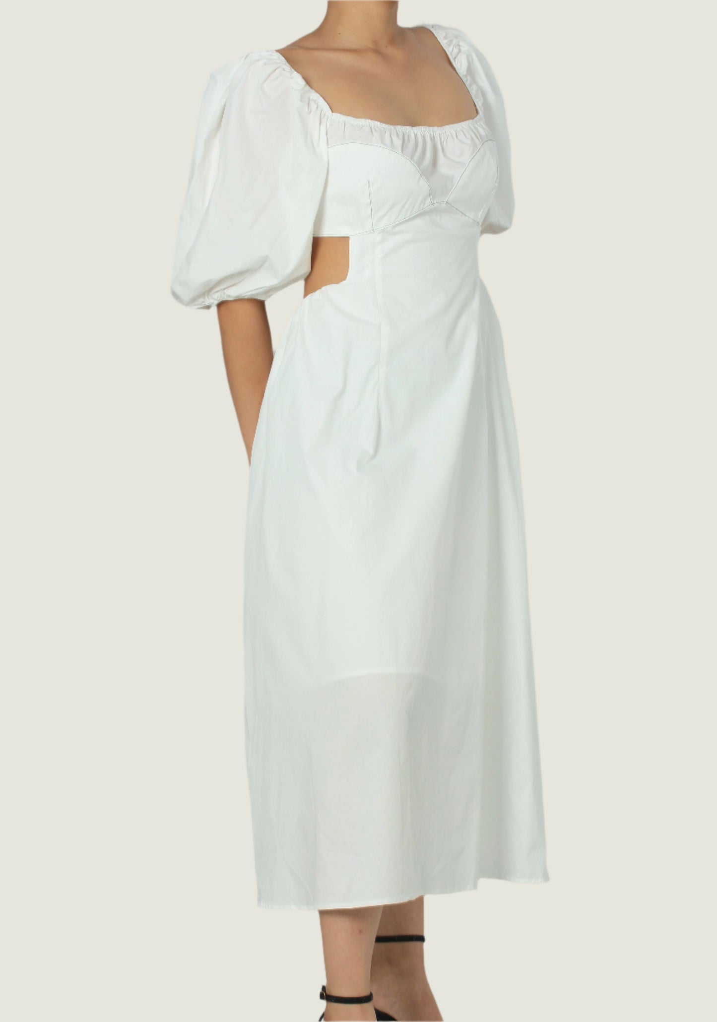 Elegant Puff Sleeve Midi Dress – Chic Cutout Details