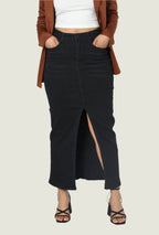 Black High-Waisted Denim Maxi Jean Skirt with Front Slit