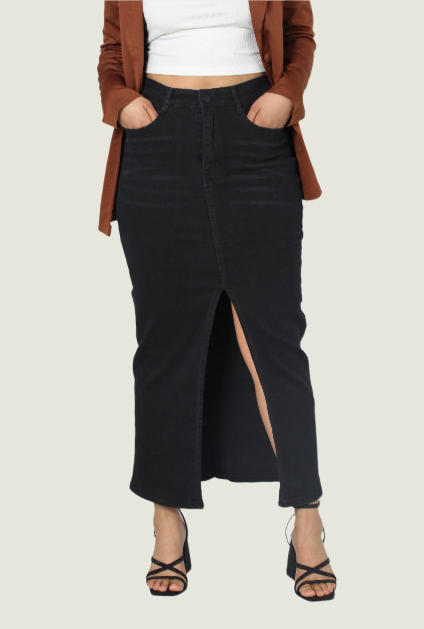 Black High-Waisted Denim Maxi Jean Skirt with Front Slit