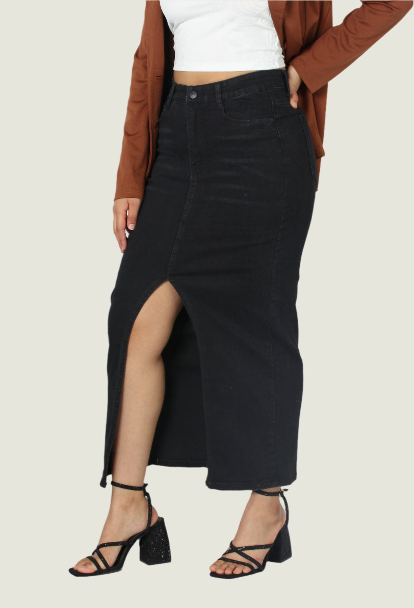 Black High-Waisted Denim Maxi Jean Skirt with Front Slit