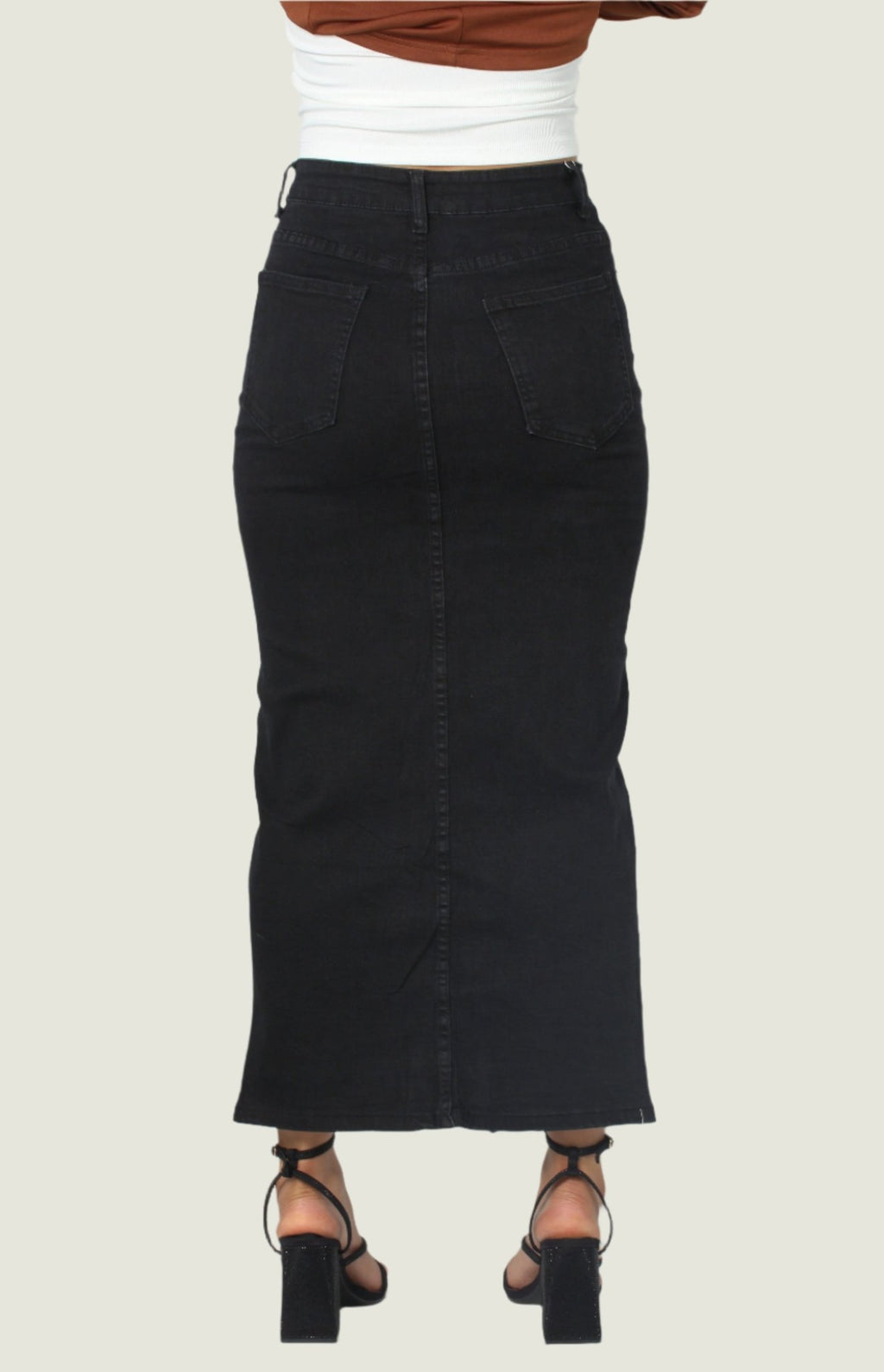 Black High-Waisted Denim Maxi Jean Skirt with Front Slit