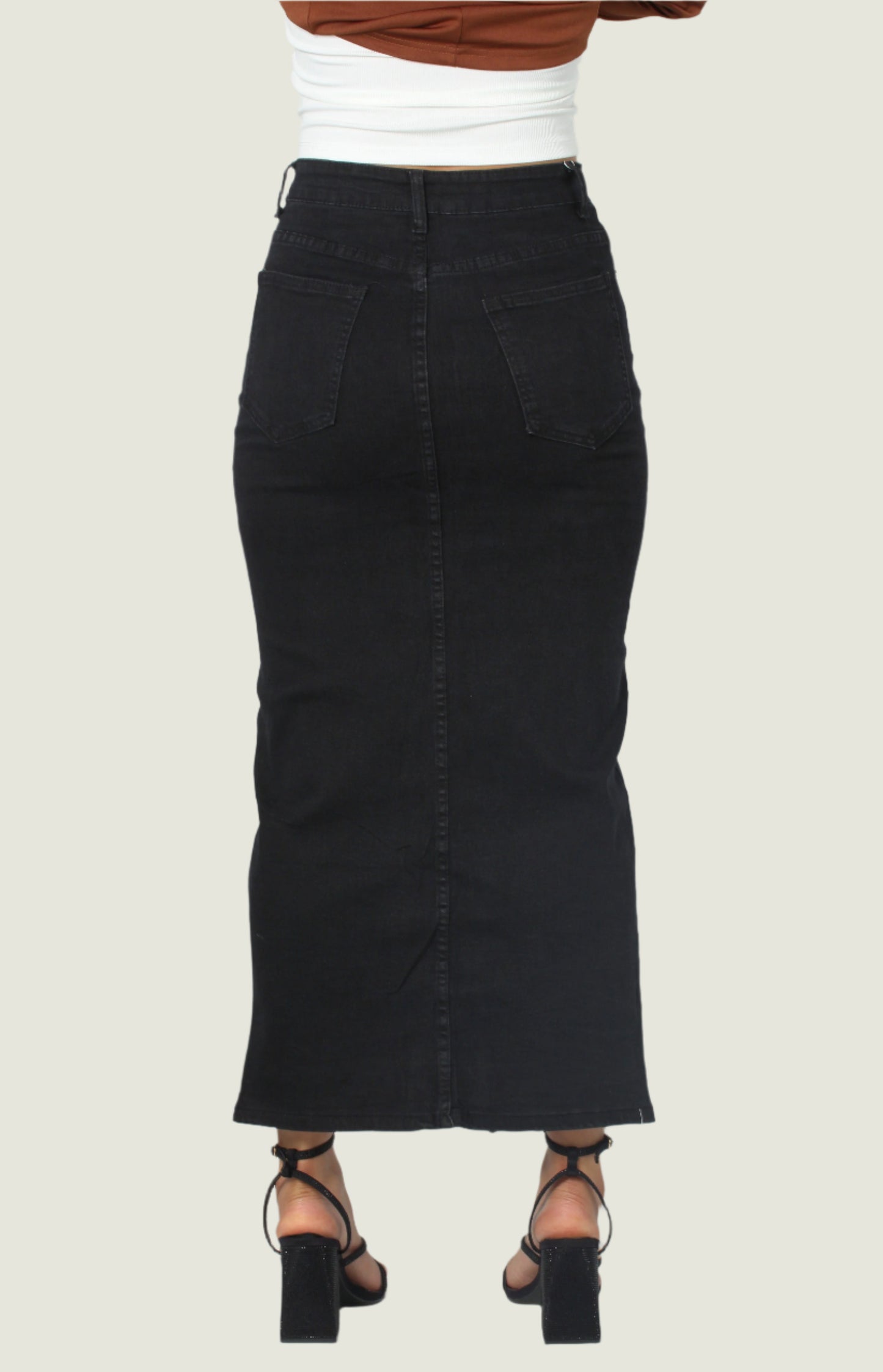 Black High-Waisted Denim Maxi Jean Skirt with Front Slit