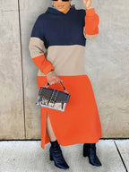Women’s Colour Block Hoodie Maxi Dress – Side Slit Relaxed Streetwear Outfit
