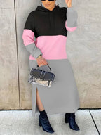 Women’s Colour Block Hoodie Maxi Dress – Side Slit Relaxed Streetwear Outfit