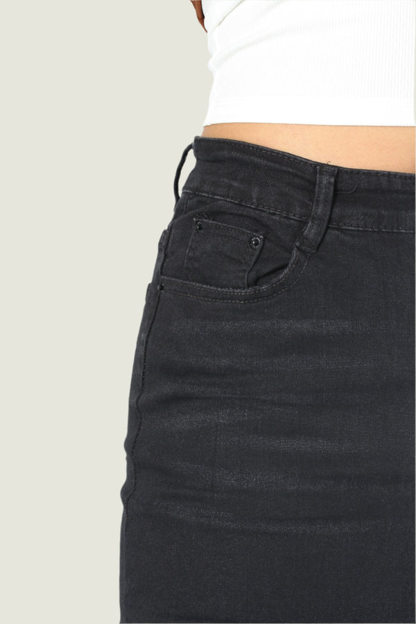 Black High-Waisted Denim Maxi Jean Skirt with Front Slit