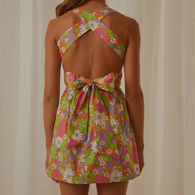 Y2K WrapBack Tie Up Floral Print Mini Dress