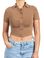 Solid Color V-Neck Shirt With Pleated Front
