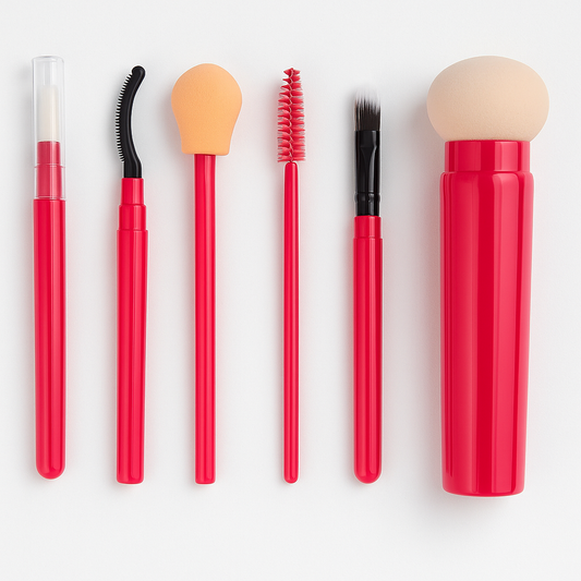 6pc Mini Makeup Brush Set – Travel Beauty Tools in Storage Holder - Random Colour