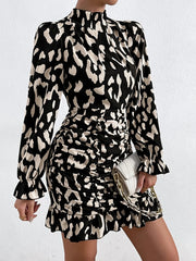 Leopard ruched long sleeve mini dress