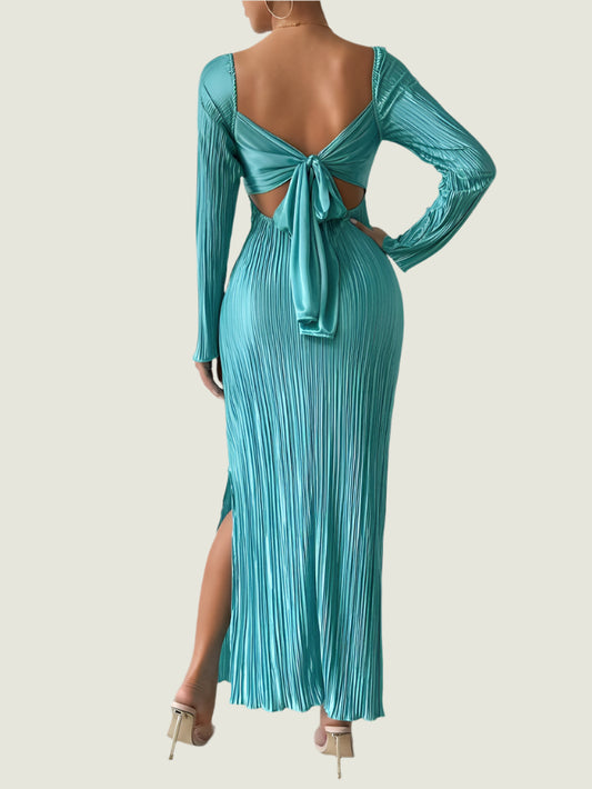 Elegant Turquoise Pleated Long Dress – Twist Front Bodycon