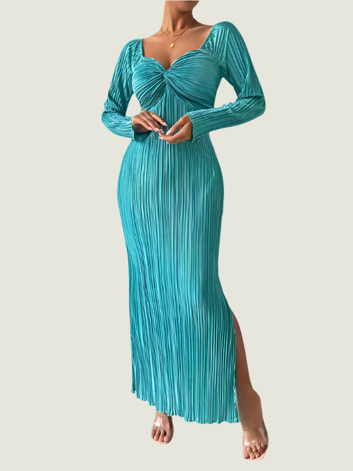 Elegant Turquoise Pleated Long Dress – Twist Front Bodycon