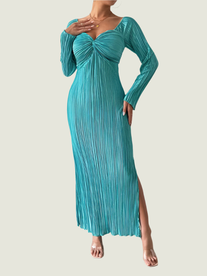 Elegant Turquoise Pleated Long Dress – Twist Front Bodycon