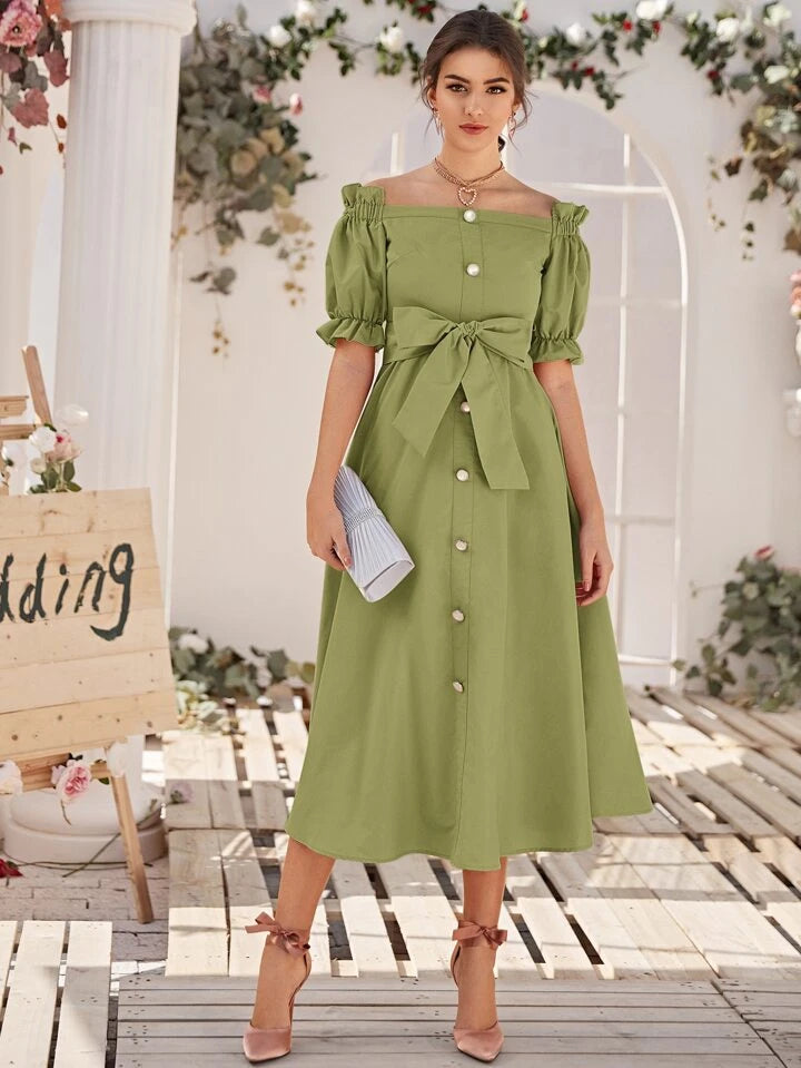 Off Shoulder Buttoned Dress