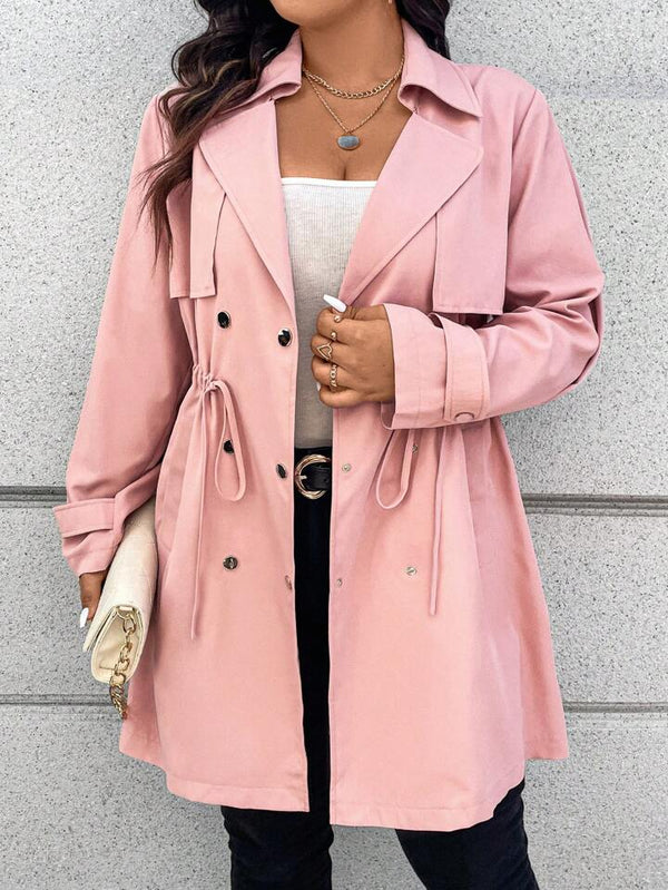 Drawstring Waist Long Sleeve Casual Trench Coat Curve