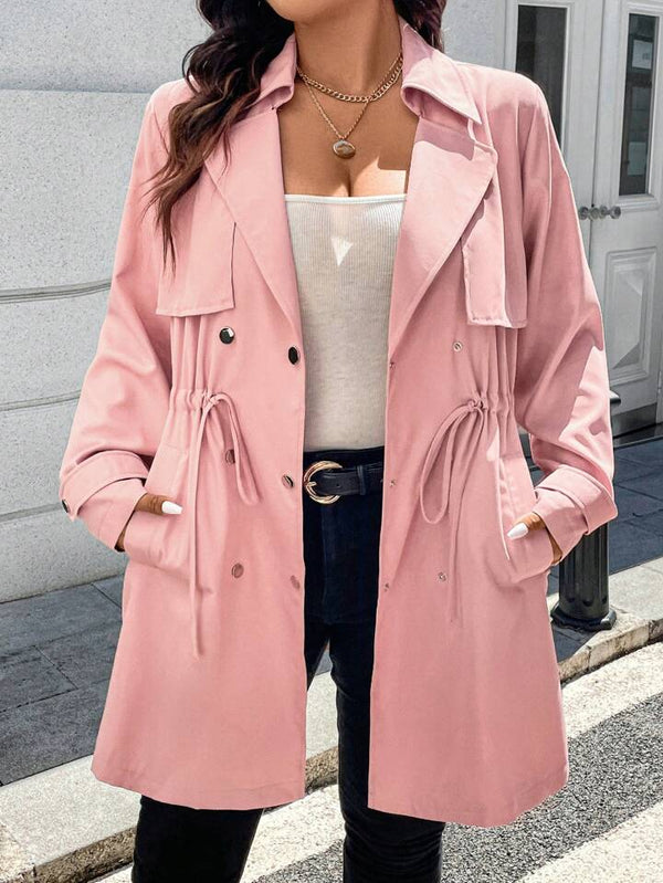 Drawstring Waist Long Sleeve Casual Trench Coat Curve