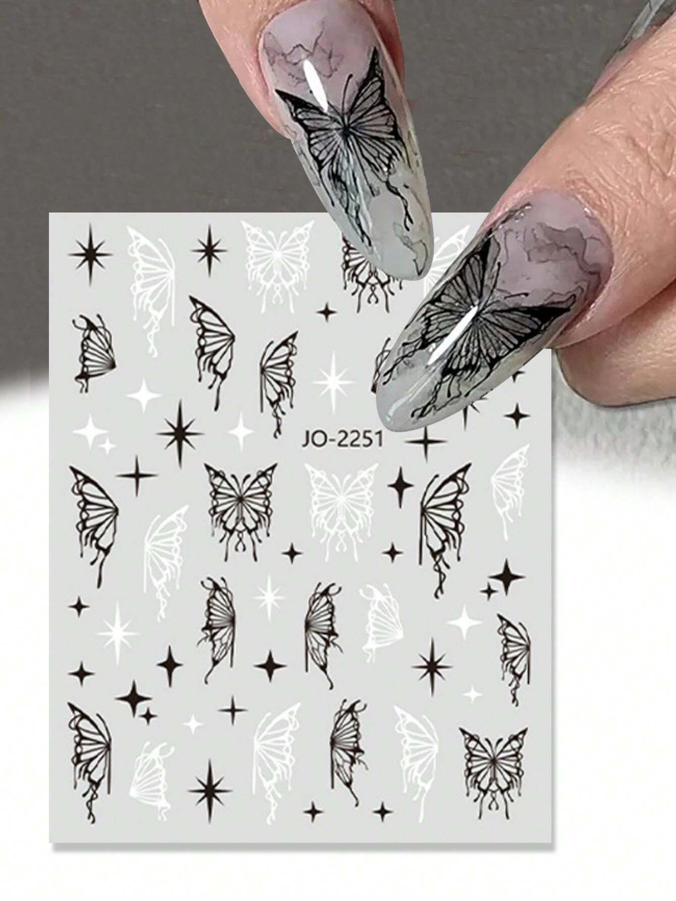 Nail Art Liquid Bronzing Butterfly Stickers - Silver & Black | Elegant Designs for Stunning Nails