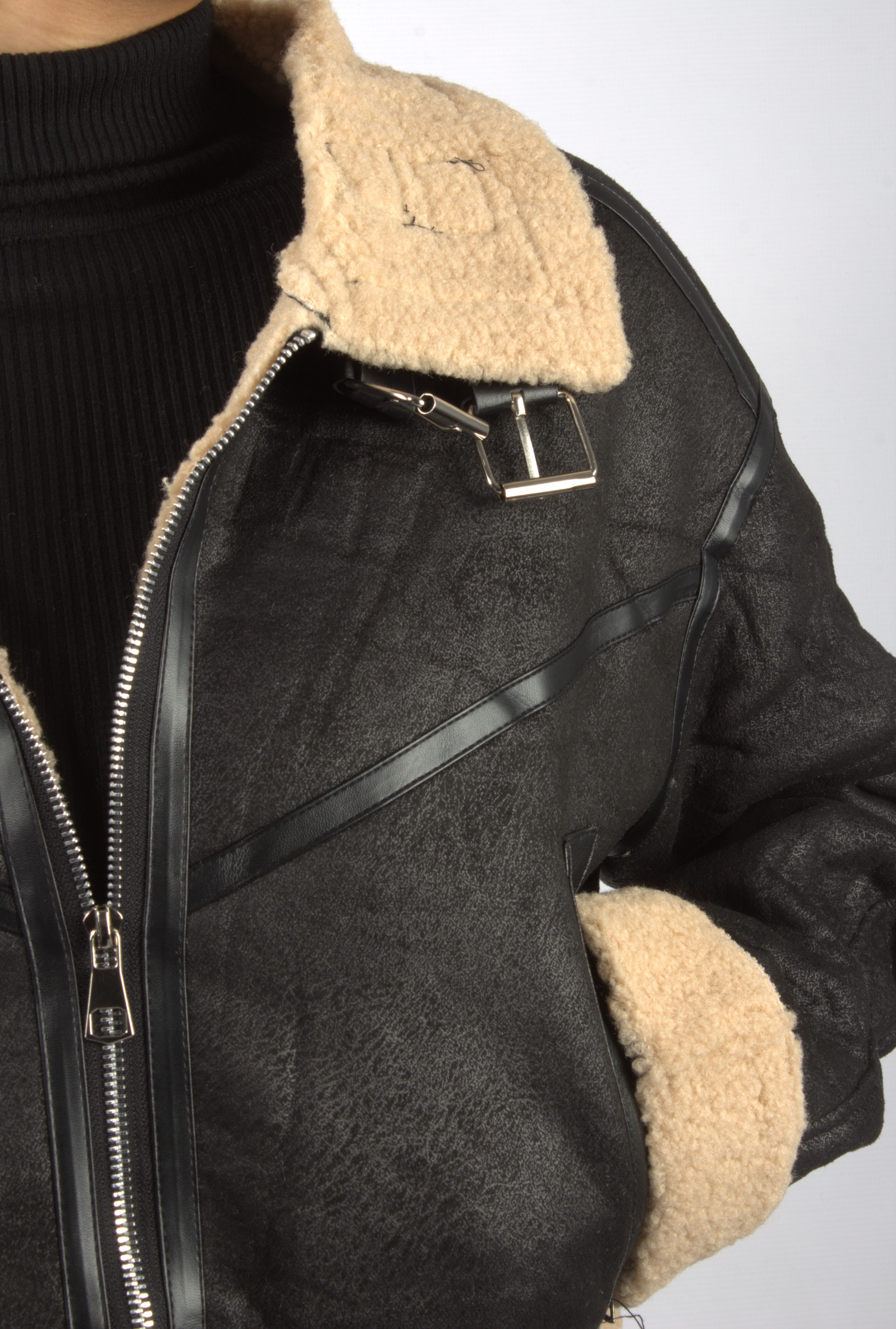 Teddy Lined Zip Up PU Leather Jacket
