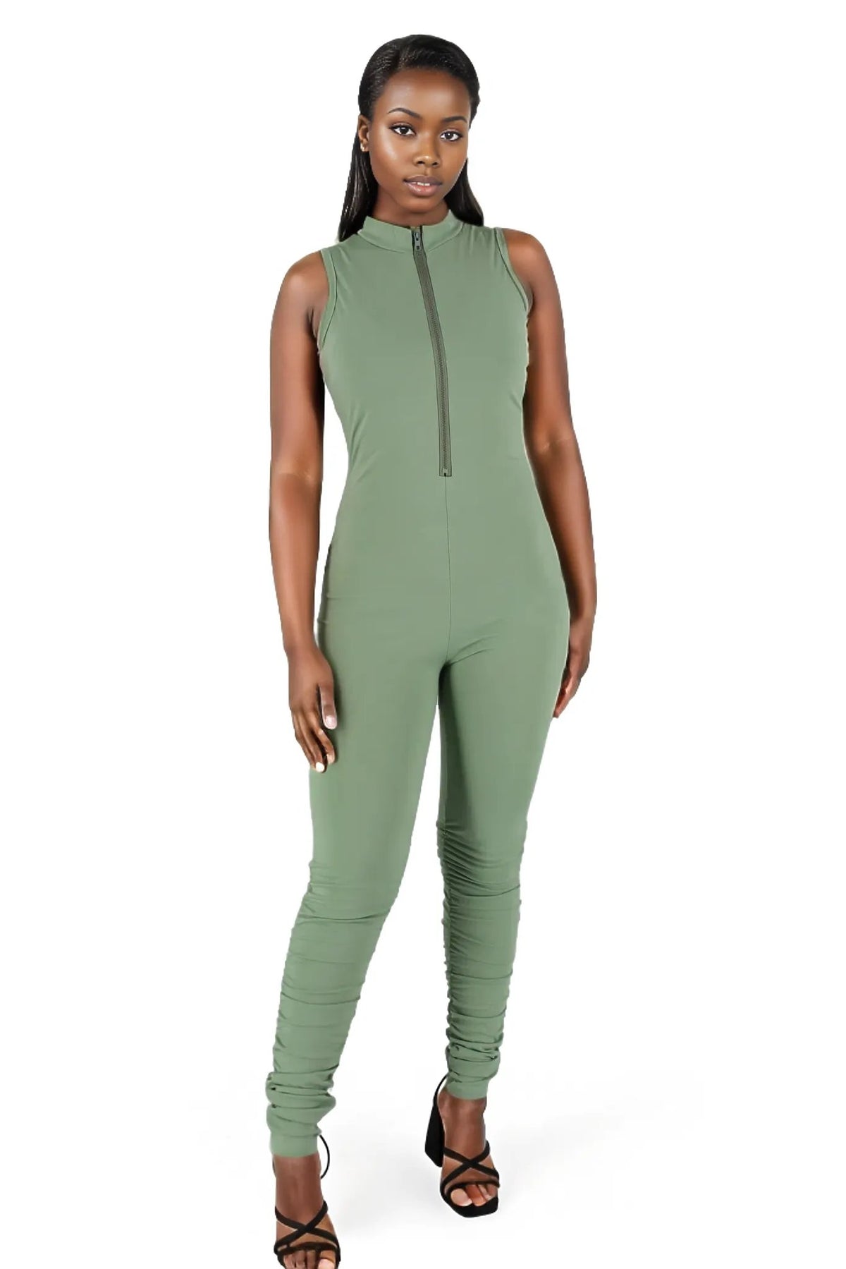 Zip Up Fitted Ruched Sleeveless Unitard (Need AI Edit)