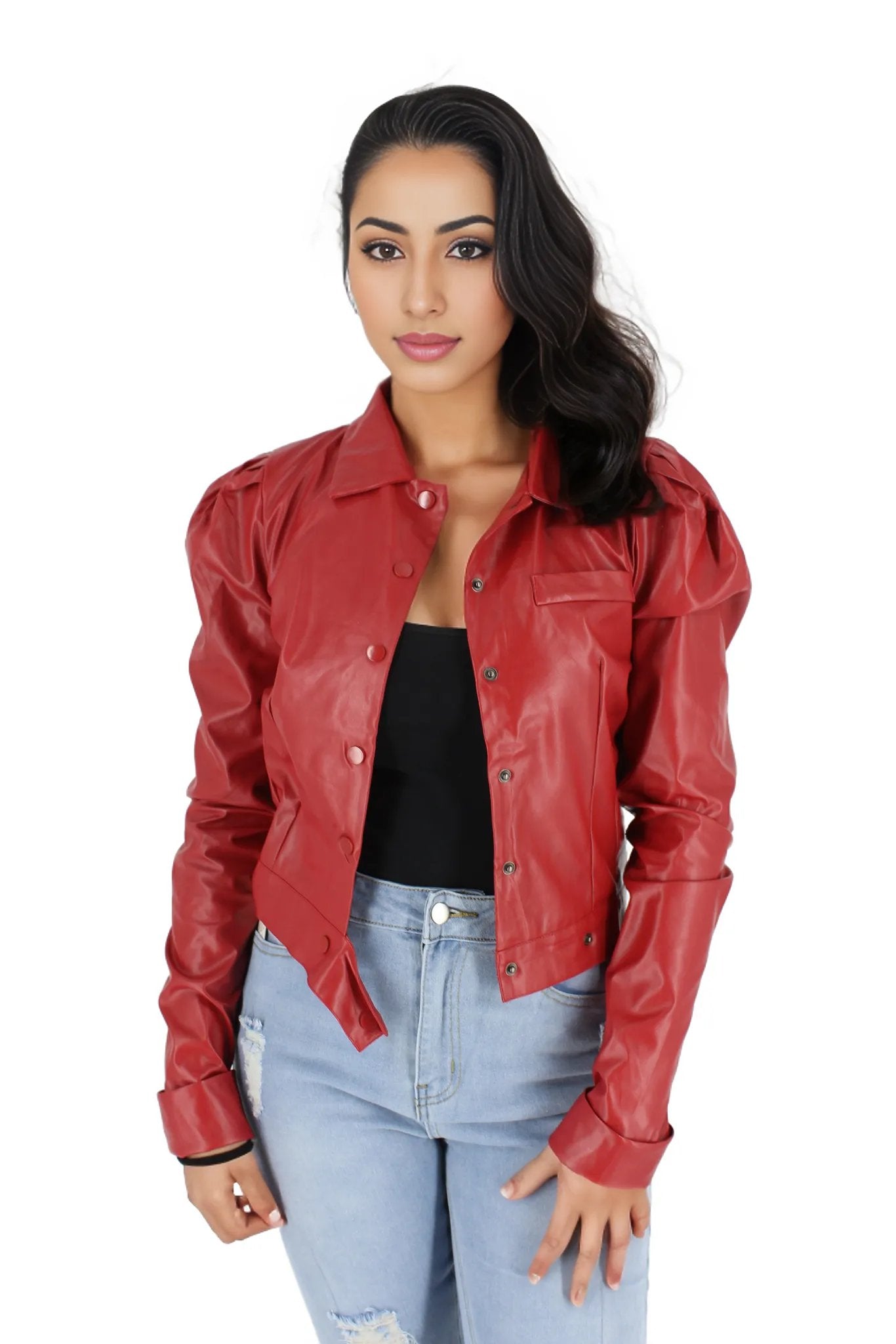 Button Up PU Leather Crop Jacket