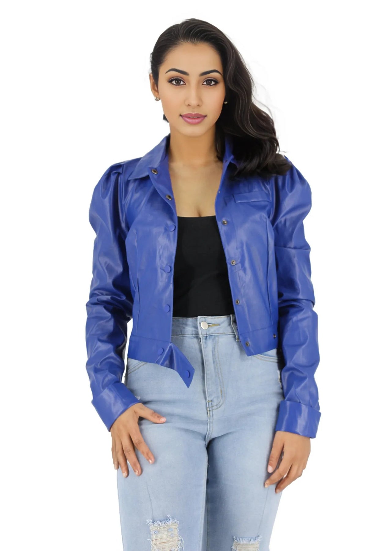 Button Up PU Leather Crop Jacket
