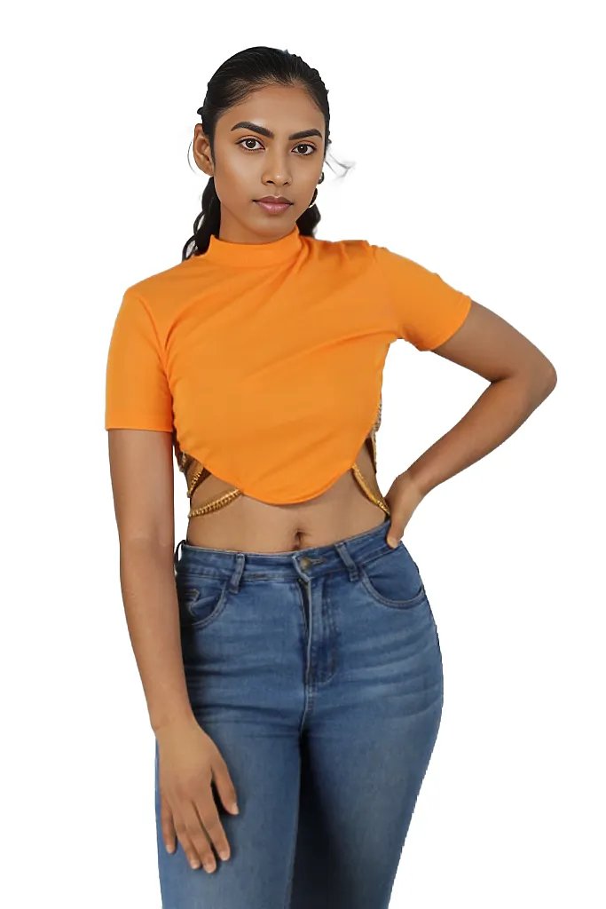 Asymmetrical Chain Detailed Turtle Neck Cropped Top