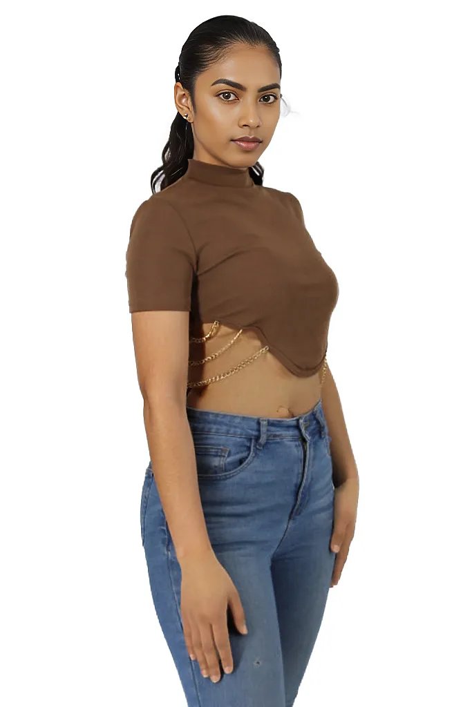 Asymmetrical Chain Detailed Turtle Neck Cropped Top