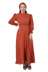 Bishop Sleeve Pleated Maxi Dress with Belt