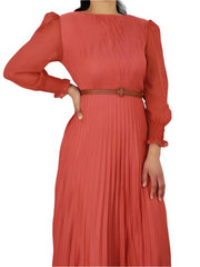 Bishop Sleeve Pleated Maxi Dress with Belt