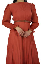 Bishop Sleeve Pleated Maxi Dress with Belt