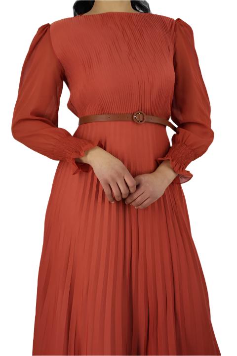 Bishop Sleeve Pleated Maxi Dress with Belt