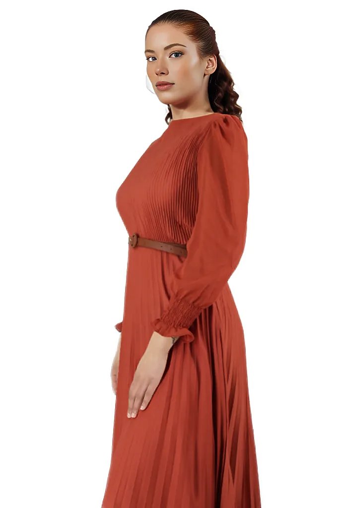 Bishop Sleeve Pleated Maxi Dress with Belt