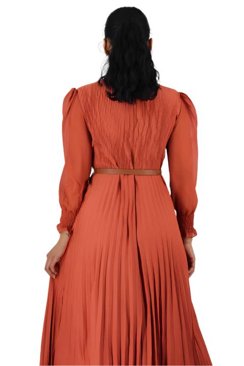 Bishop Sleeve Pleated Maxi Dress with Belt