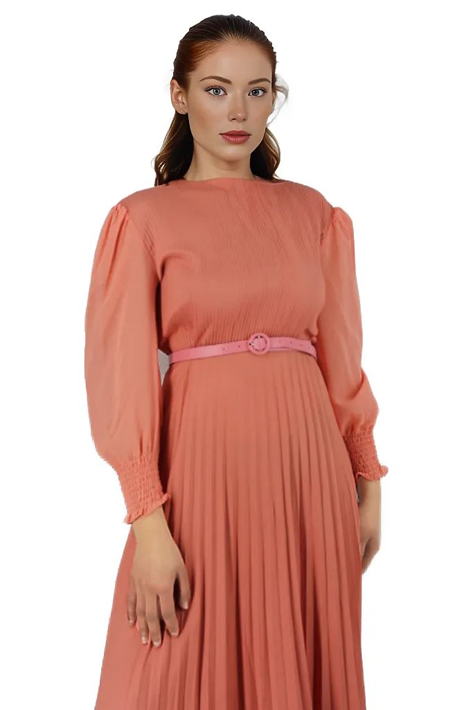 Bishop Sleeve Pleated Maxi Dress with Belt