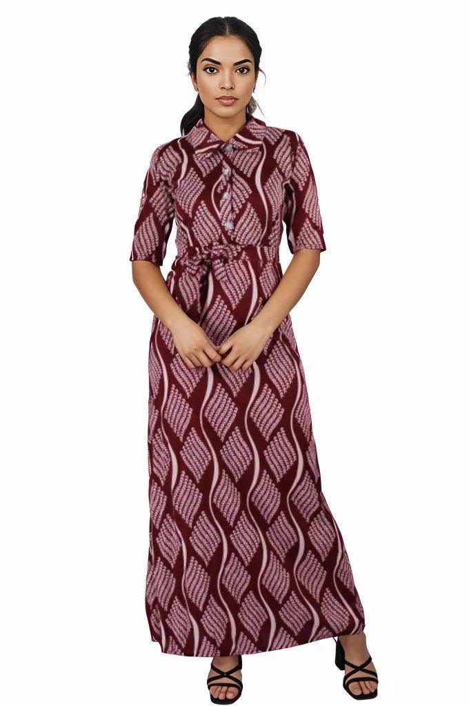 Short Sleeve Patterned Maxi Dress with Belt