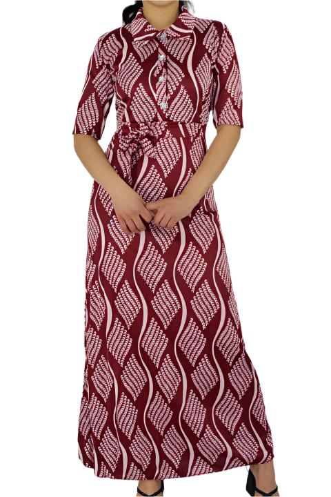 Short Sleeve Patterned Maxi Dress with Belt