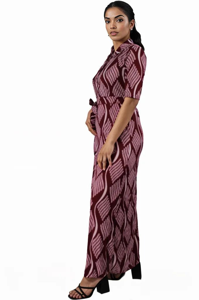 Short Sleeve Patterned Maxi Dress with Belt