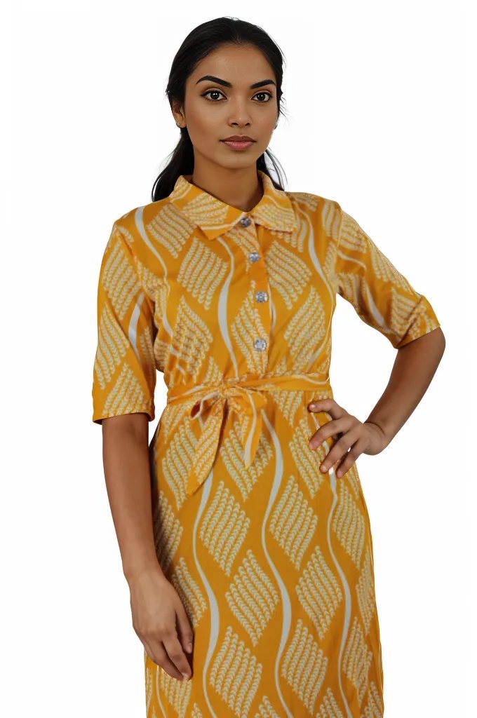 Short Sleeve Patterned Maxi Dress with Belt