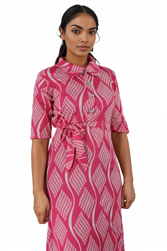 Short Sleeve Patterned Maxi Dress with Belt