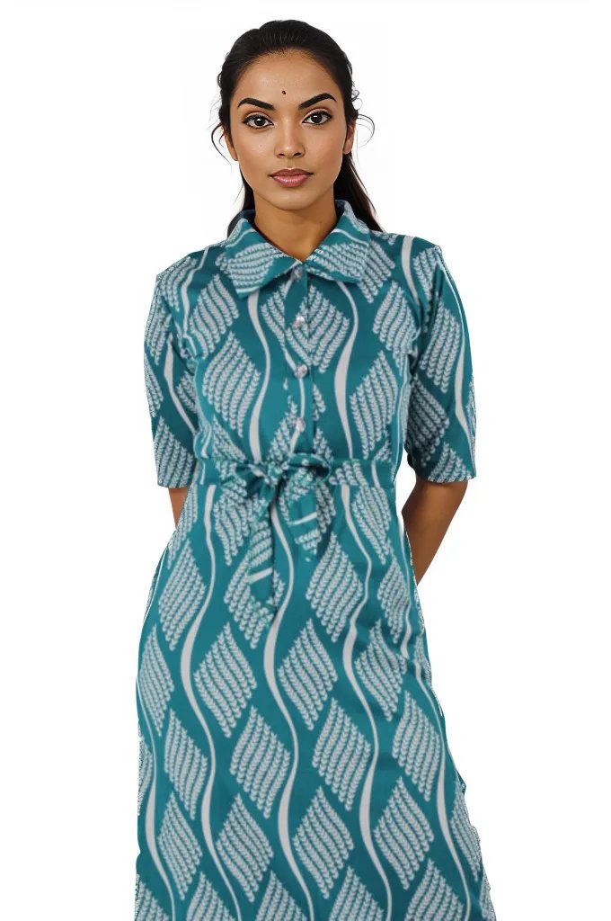 Short Sleeve Patterned Maxi Dress with Belt