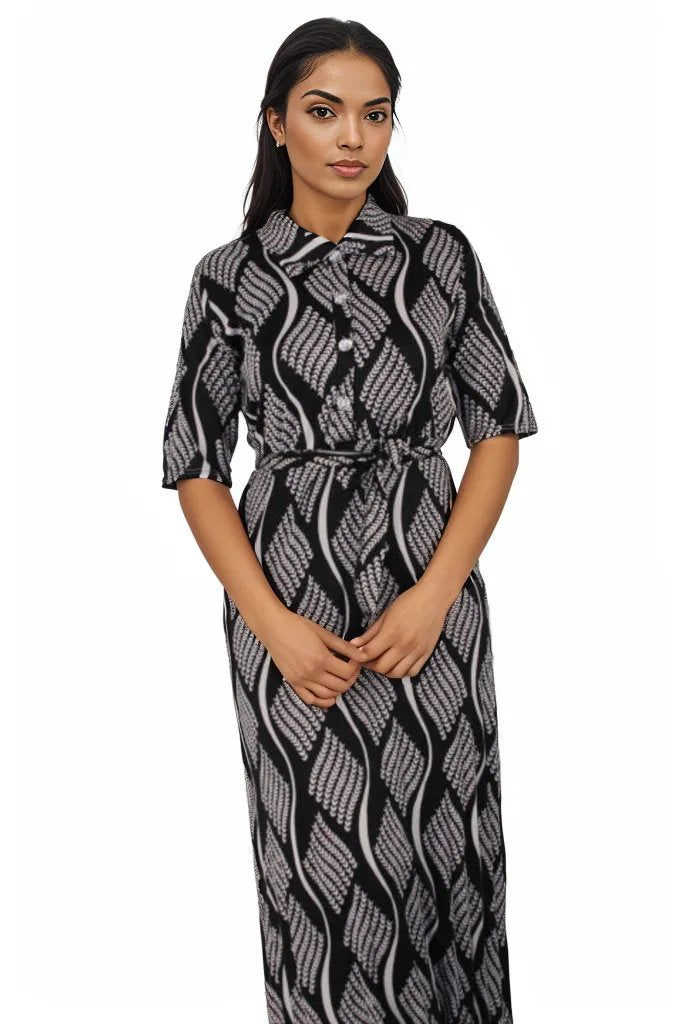 Short Sleeve Patterned Maxi Dress with Belt