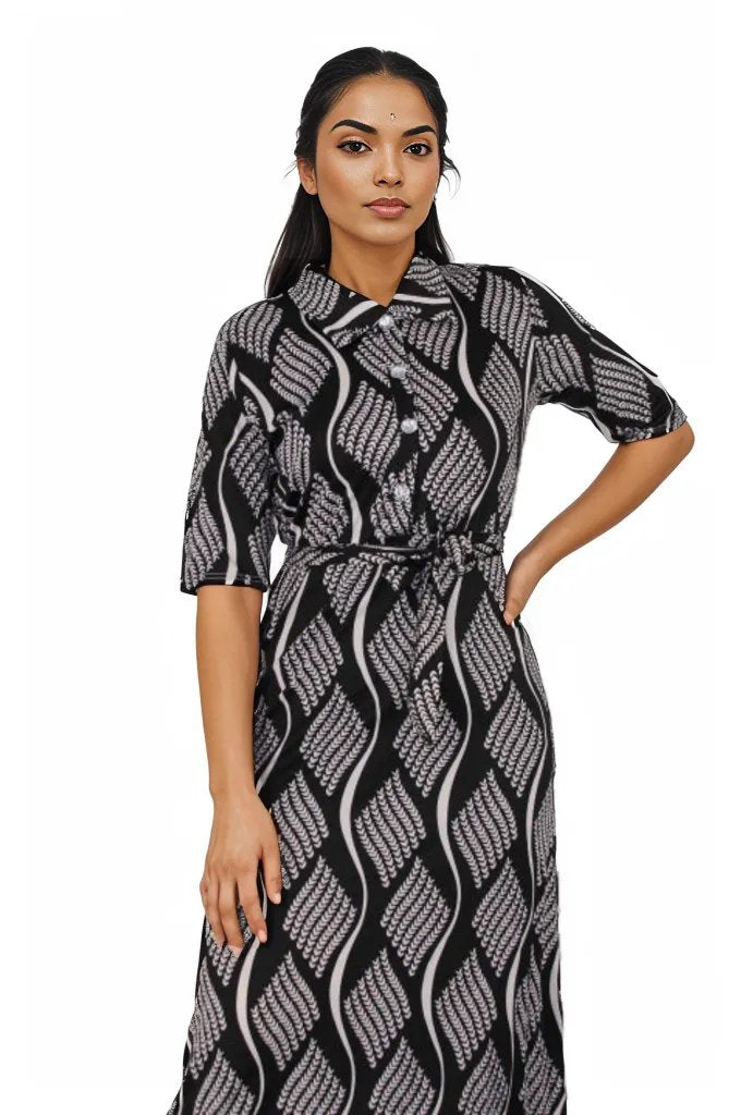 Short Sleeve Patterned Maxi Dress with Belt