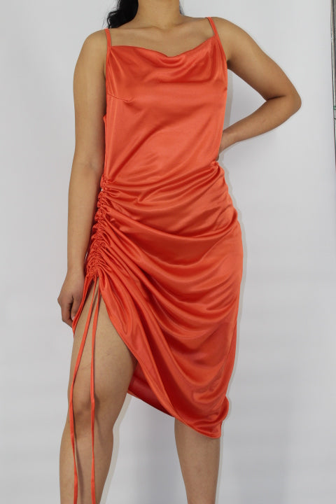 Silky Ruched Drawstring Midi Dress