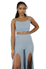 Crop Top and High Slit Pants Two Piece Set